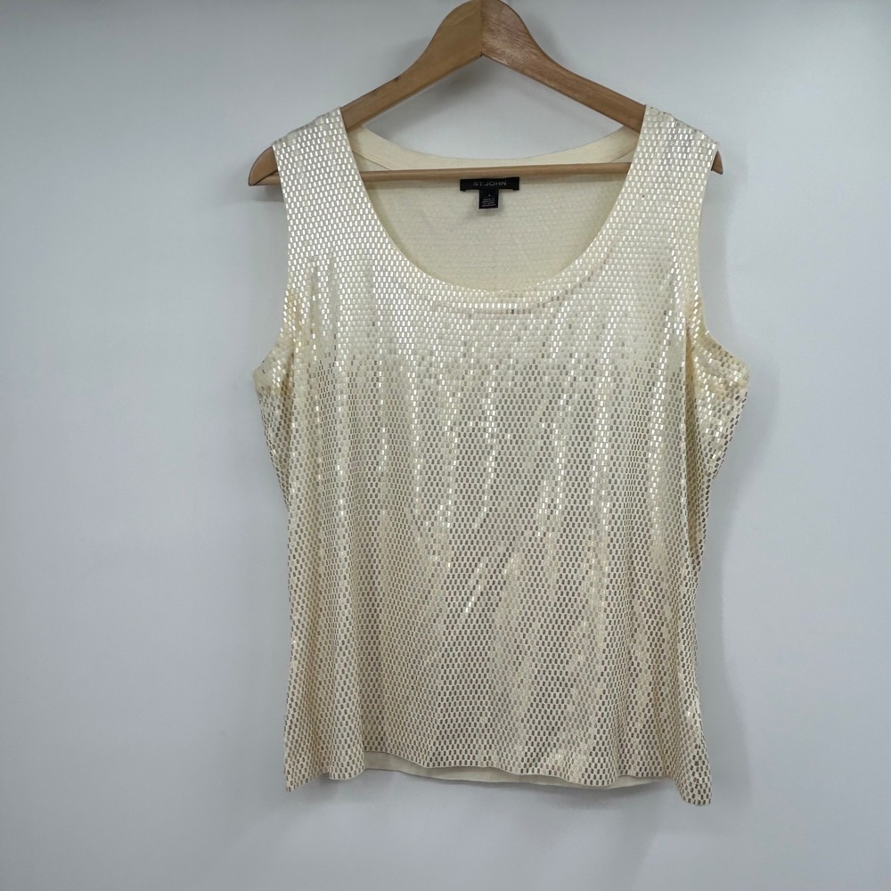 St John Women Large Cream Gold Metallic Foil Scoop Neck Sleeveless Shell Tank